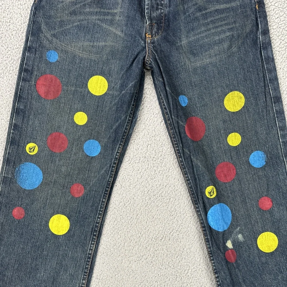 VTG Y2K Volcom Black Bart Button Fly Jeans Men 30x32 Blue Straight Leg Painted